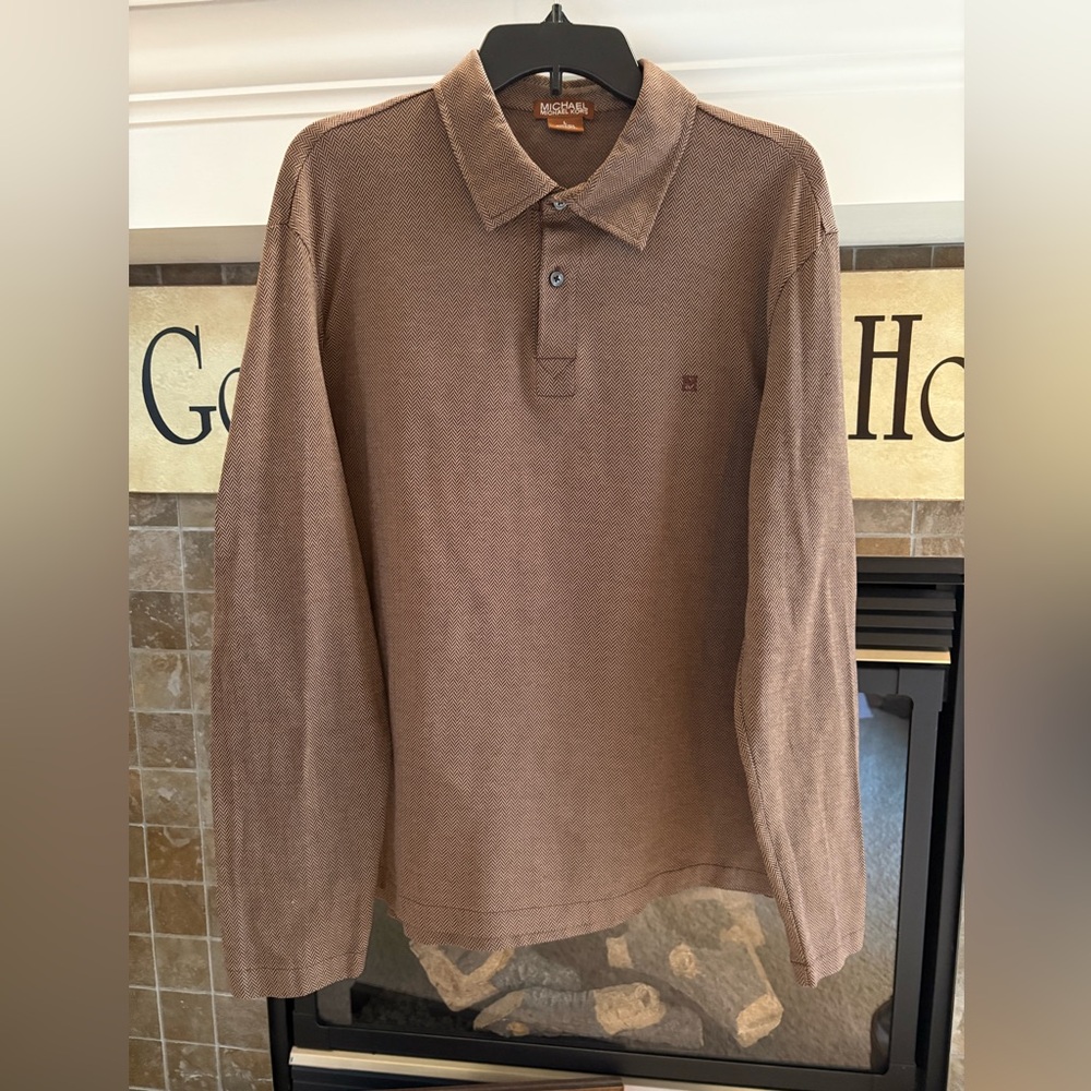 Michael Kors Men’s Brown Herringbone Long Sleeve Polo Shirt Size L‎ EUC